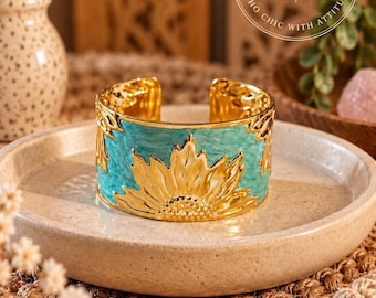Turquoise Sunflower Cuff Bracelet | Gold Boho Statement Bracelet | Wide Floral Enamel Cuff | Western Chic Jewellery | Boho Gift for Her