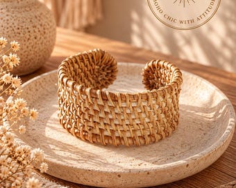 Boho Woven Rattan Cuff Bracelet | Wide Open Cuff Bracelet | Natural Boho Bracelet | Lightweight Statement Bracelet | Bohemian Jewellery