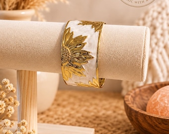 Gold Sunflower Cuff Bracelet | White Floral Statement Bracelet | Bohemian Wide Open Cuff | Gold Tone Flower Bracelet | Festival Jewellery