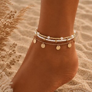 Boho Ankle Bracelet Set | Layered Gold & White Beaded Anklets | Minimalist Stack | Beach Style Jewellery | Bohemian Summer Anklets