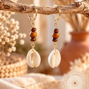 Cowrie Shell Dangle Earrings | Beachy Boho Earrings | Brown Beaded Shell Earrings | Coastal Bohemian Jewellery | Minimalist Boho Jewellery
