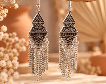 Silver Tone Geometric Tassel Earrings | Tribal Inspired Dangle Earrings | Bohemian Dangle Festival Jewellery | Edgy Statement Jewellery