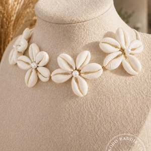 Coastal Cowrie Shell Flower Necklace | Boho Beach Necklace | Tie Cord Statement Necklace | Tropical Shell Jewellery | Resort Vacation Style