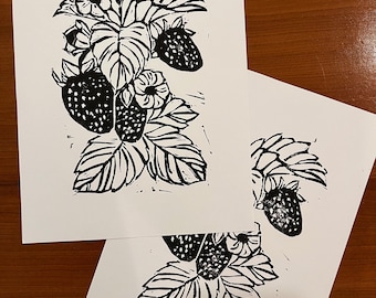Strawberry Linocut Print – Hand-Stamped Print (5.5" x 7.5")