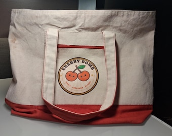 Rustikale Cherry Bomb Canvas-Einkaufstasche mit Reißverschluss | Retro Farmers Market Tasche mit Tasche auf der Vorderseite