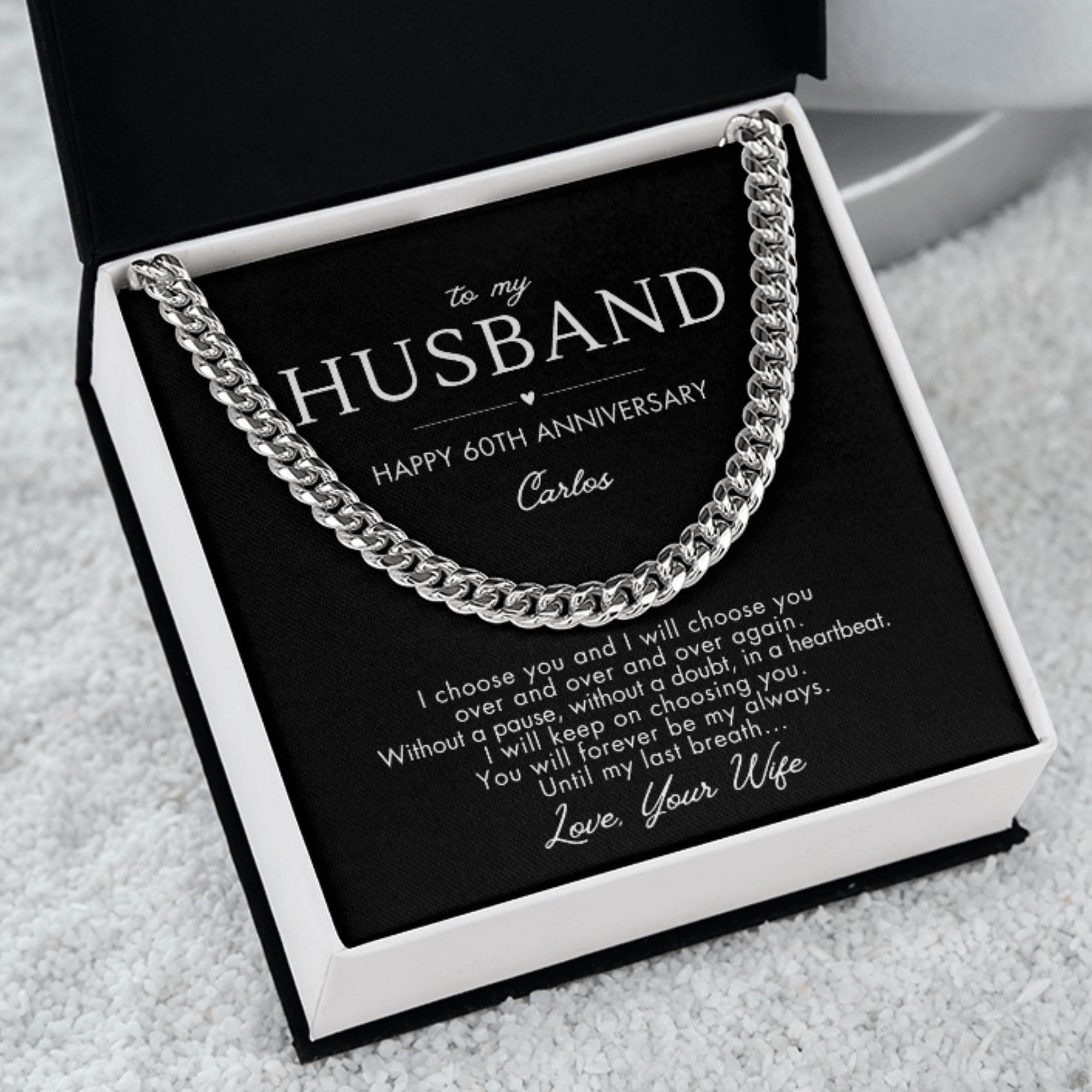 60th Anniversary Gift for Husband, Cuban Link Chain Necklace, Custom Message Card Gift for Him, 60 Year Wedding Present