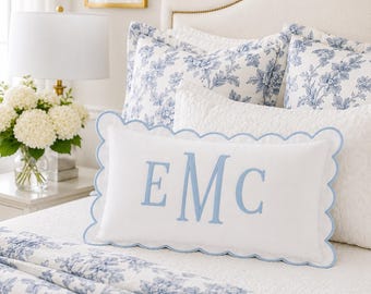 Personalized Monogram Pillow , Scalloped Edge Lumbar Pillow Case, Personalized Embroidered Throw Pillow, Grandmillennial Bedroom Decor