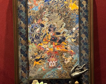 Palden Lhamo Thangka Handbemalt & Intarsiert | Shri Devi tibetisch-buddhistische Schutzgöttin, einzigartige weibliche Dharmapala-Kunst