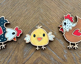 Handmade Chicken Magnet Set: Painted Wood Farmhouse Decor