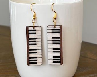 Piano Key Keyboard Wood Earrings, handmade, stained, hand painted women’s jewelry.