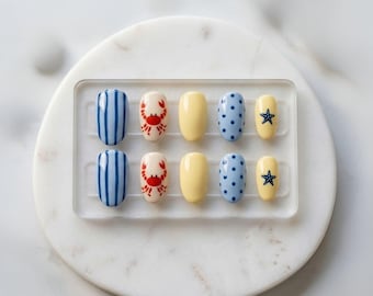 Summer Beach Press On Nails | Starfish Crab Stripe Nail Art | Cute Handmade Glue On Nails