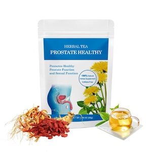 Peut inclure: Un sachet blanc de tisane "PROSTATE HEALTHY" avec une bannière bleue. L'image comprend un schéma de la prostate, des fleurs jaunes et une tasse de thé. L'emballage indique qu'il s'agit d'un supplément à base de plantes 100% naturel, sans caféine, et pèse 50g.