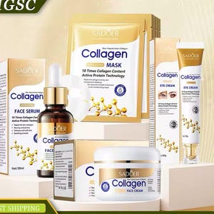 May include: A collection of Sadoer Collagen skincare products, including face serum, eye cream, face cream, and face masks. The packaging is white and gold, with the word "Collagen" prominently displayed. The products are designed for anti-aging.