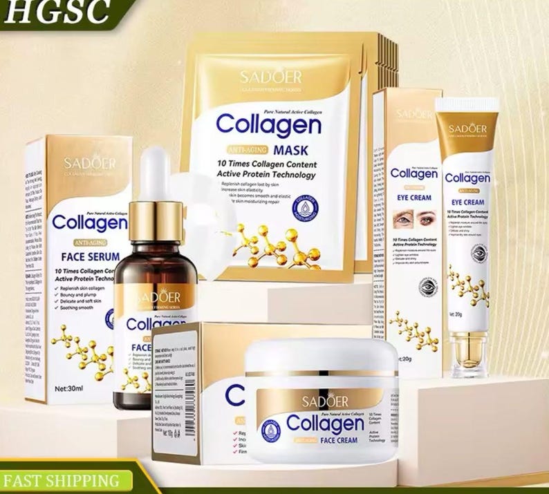 May include: A collection of Sadoer Collagen skincare products, including face serum, eye cream, face cream, and face masks. The packaging is white and gold, with the word "Collagen" prominently displayed. The products are designed for anti-aging.