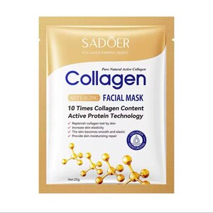 May include: A gold and white facial mask packet with the text "SADOER Collagen" and "Anti-Aging Facial Mask." The packet features a blue and white logo and gold molecular structures. The net weight is 25g.