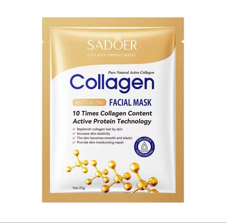 May include: A gold and white facial mask packet with the text "SADOER Collagen" and "Anti-Aging Facial Mask." The packet features a blue and white logo and gold molecular structures. The net weight is 25g.