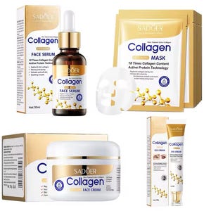May include: A collection of SADOER Collagen skincare products, including face serum, face cream, eye cream, and face masks. The products are packaged in white and gold containers, with text indicating anti-aging properties and active protein technology.