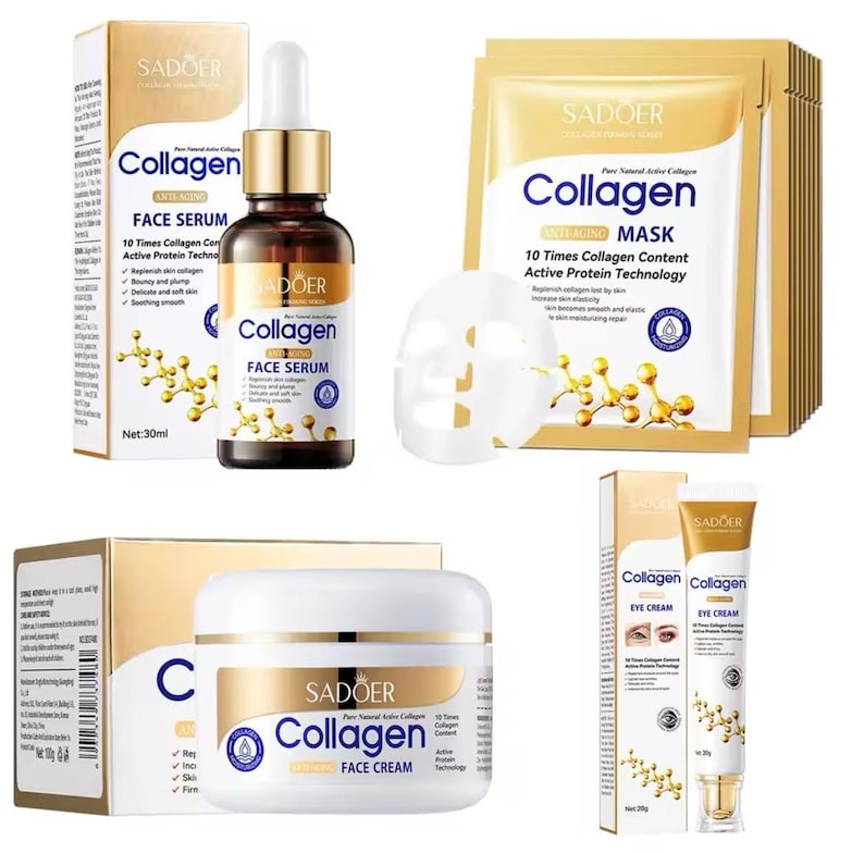 May include: A collection of SADOER Collagen skincare products, including face serum, face cream, eye cream, and face masks. The products are packaged in white and gold containers, with text indicating anti-aging properties and active protein technology.