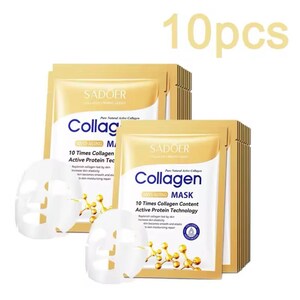 May include: A collection of ten SADOER Collagen Anti-Aging face masks. Each gold and white packet features the brand name and product details. The image also shows the face masks themselves, which are white and have a unique shape.