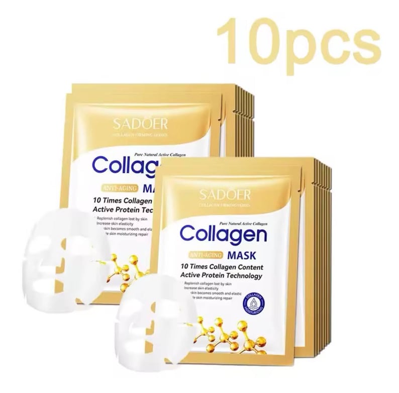 May include: A collection of ten SADOER Collagen Anti-Aging face masks. Each gold and white packet features the brand name and product details. The image also shows the face masks themselves, which are white and have a unique shape.
