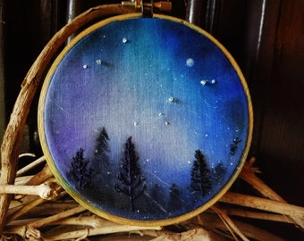 4 Inch Embroidery Night Forest Scene. Woodland Embroidered Wall Hanging. Embroidered Hoop Art Landscape. Wood Hoop. Bob Ross Landscape Trees