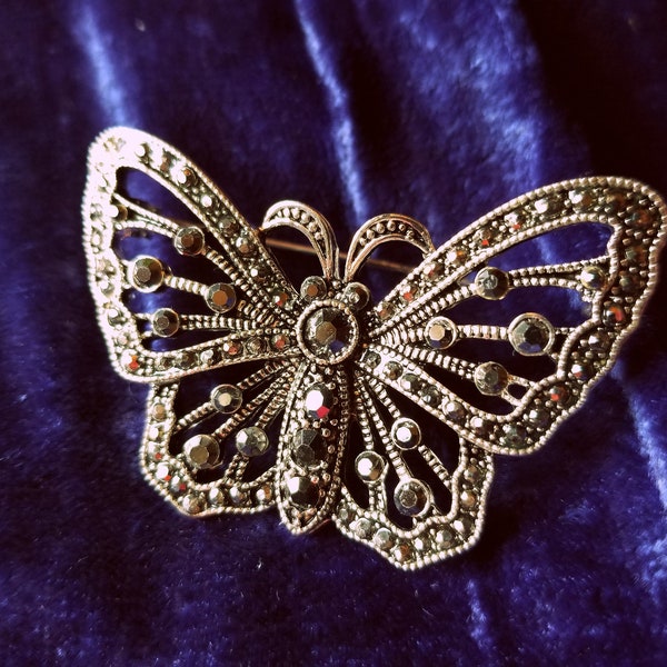 Mother's Day Jewelry. Edwardian Butterfly Pin. Silver Pin. Art Deco Butterfly Pin. Firepolished Stones. Victorian Swarovski Crystals