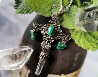 Mother's Day Celtic Malachite Quartz Statement Necklace. Sterling Malachite Celtic pendant. Quartz Crystal Handmade Silver Jewelry.