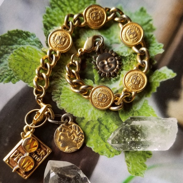 Vintage Jewelry. Roman Coin War & Peace Gold Charm Bracelet Gold Sun Bracelet. Statement Bracelet. Charm Bracelet Roman Coins.