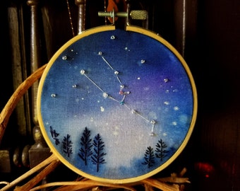Needle Hoop TAURUS 4 In Embroidery. Constellation Zodiac Night Sky. Embroidered Wall Hanging. Taurus Embroidered Hoop Art Landscape.