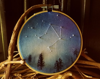 Needle Hoop LIBRA 4 In Embroidery. Constellation Zodiac Night Sky. Embroidered Wall Hanging. Libra Embroidered Hoop Art Landscape.