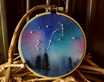 Needle Hoop SCORPIO 4 In Embroidery. Constellation Zodiac Night Sky. Embroidered Wall Hanging. Scorpio Embroidered Hoop Landscape.