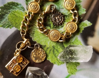 Vintage Jewelry. Roman Coin War & Peace Gold Charm Bracelet Gold Sun Bracelet. Statement Bracelet. Charm Bracelet Roman Coins.