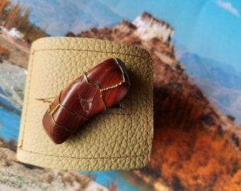 Buff Tan Leather Cuff-Red Carnelian Agate-Brass Wire Wrap-Upcycled Leather- Med Unisex 8.5 x 2 inches