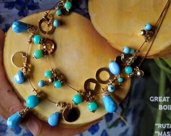 Mother's Day Turquoise Necklace. 2 Strand Spangle Necklace. Turquoise Bakelite Beads.Statement Necklace. Boho Hippie Pendant. Beaded