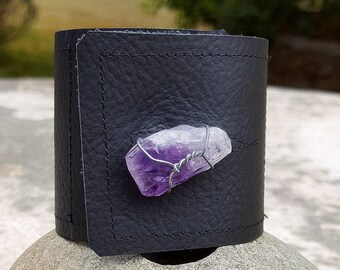 Black Leather Cuff-Pay with PayPal get a free spell in the box! Amethyst Raw Crystal-Steel Wire- Upcycled Leather-Standard Med Uni 6.5, 7 in