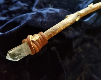 Quartz and Citrine Pine Magic Wand. Quartz Tipped Wand. Handmade Witch Wand. Quartz Witch Wand.  Sienna Leather Handle.  Wand Fey Magic Wand