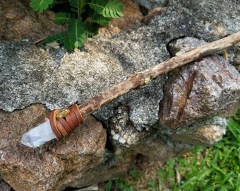 Quartz and Citrine Pine Magic Wand. Quartz Tipped Wand. Handmade Witch Wand. Quartz Witch Wand.  Sienna Leather Handle.  Wand Fey Magic Wand