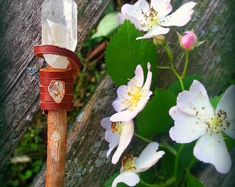 Quartz and Citrine Pine Magic Wand. Quartz Tipped Wand. Handmade Wooden Wand. Quartz Witch Wand.  Sienna Leather Handle. Wand Fey Wand