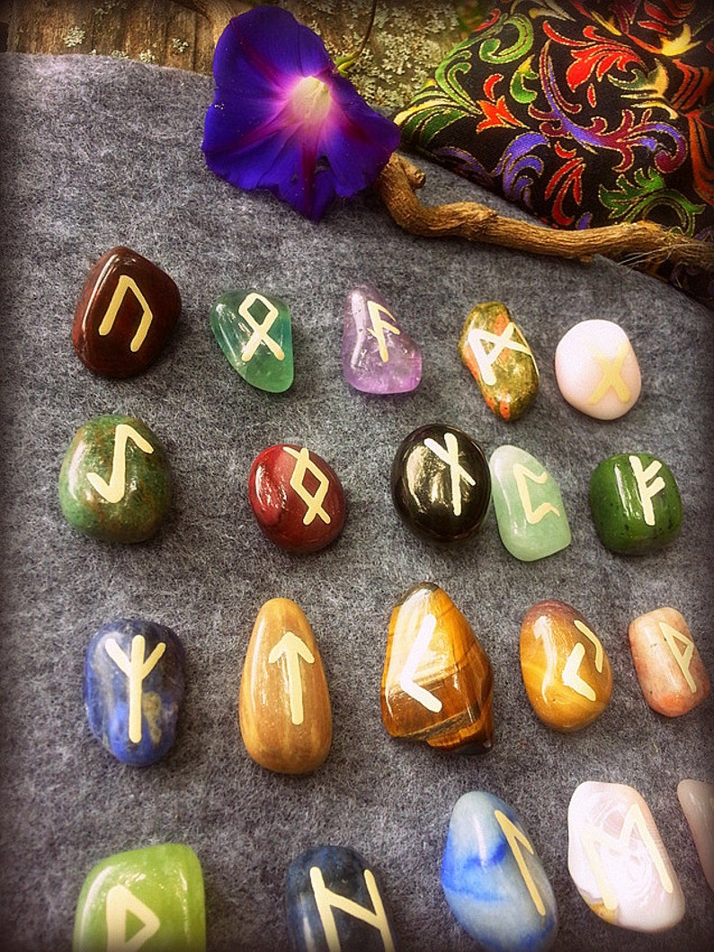 Rune Set. Elder Futhark. Handpainted Gemstone Rune Set. Etsy