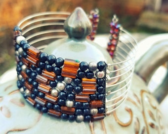 Statement Bracelet. African Indian Beaded Cuff Bracelet. Boho Hippie Cuff. Beaded Bracelet. Black Silver Brown Beaded Cuff.