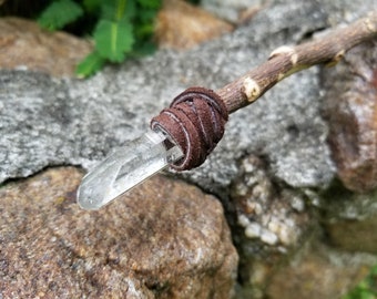 Traditional Celtic Magic Wand. Handmade Wooden Wand. Druidic English Magic Wand. Oak Wood Wand. Quartz  Crystal Tip Wand. Silk Handle.