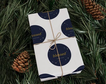 Blessed Wrapping Paper, Navy and Gold Christian Gift Wrap, Celestial Star Christmas Wrap, Faith Gift Wrap for Birthday, Baptism, Holidays
