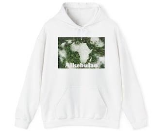 May include: A white hooded sweatshirt featuring a rectangular graphic on the chest. The graphic displays an aerial view of a dense green forest with a white silhouette of the African continent overlaid, and the word Alkebulan in white text.