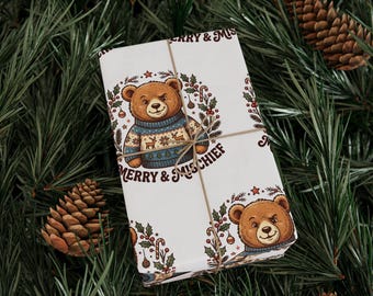 Christmas Teddy Bear Wrapping Paper, Merry and Mischief Bear in Ugly Sweater Gift Wrap, Cute Kids Christmas Wrap, Woodland Holiday Paper