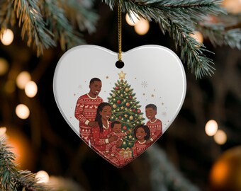 Black Family Christmas Ornament, African American Family by the Tree, Matching Pajamas Ceramic Ornament, Melanin Family Keepsake 2026