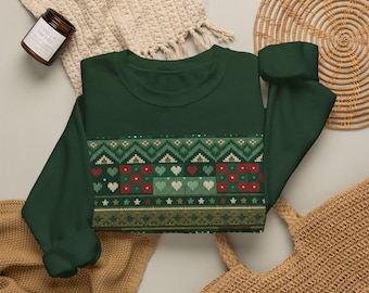 Fair Isle Christmas Sweatshirt, Green and Red Nordic Snowflake Crewneck with Sleeve Print, Ugly Christmas Sweater Look, Cozy Holiday Gift