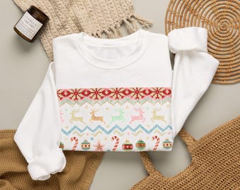 Ugly Christmas Sweater Sweatshirt, Fair Isle Reindeer and Candy Cane Pattern Crewneck, Retro Holiday Party Sweatshirt, Cozy Christmas Gift