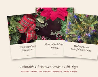 Printable Christmas Cards and Gift Tags, Christian Christmas Card Set, Poinsettia and Plaid Note Cards, Print at Home, Instant Download PDF