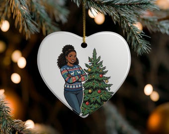 Black Woman Christmas Ornament, Melanin Christmas Tree Ornament, African American Ceramic Keepsake, Gift for Her, Black Girl Magic Decor