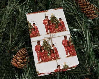 Black Family Christmas Wrapping Paper, African American Gift Wrap, Family by the Tree in Matching Pajamas, Melanin Holiday Wrap Sheet